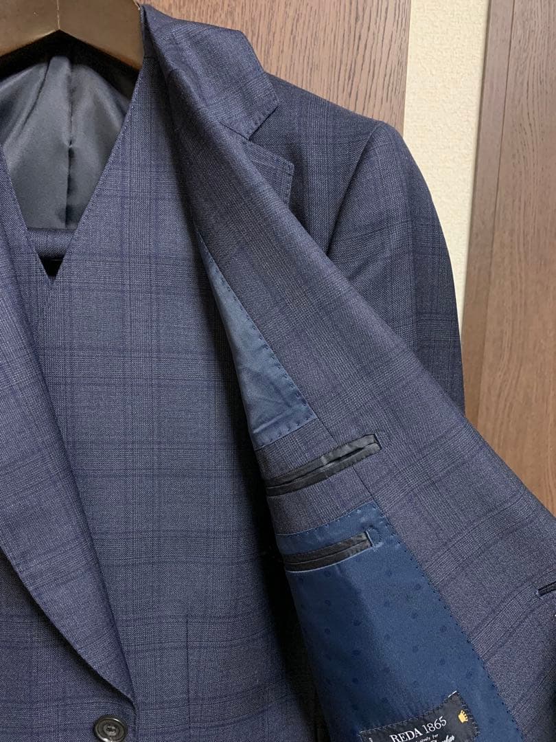 Y5新品未使用！高級イタリアREDA極上ネイビーチェック柄3ピーススーツ！