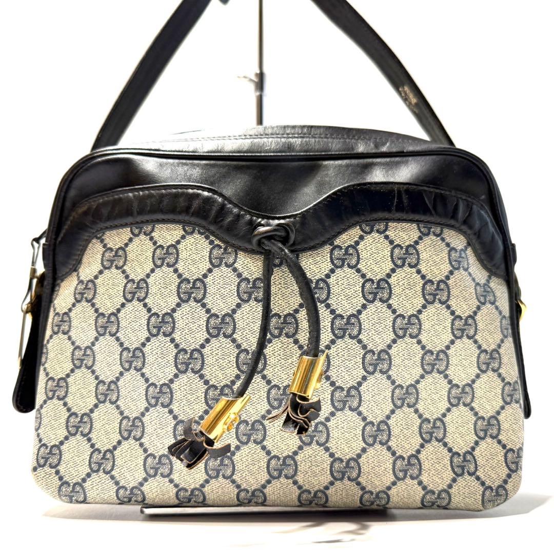 希少 GUCCI GG ショルダーバッグ ネイビー レザー 金具 フリンジ