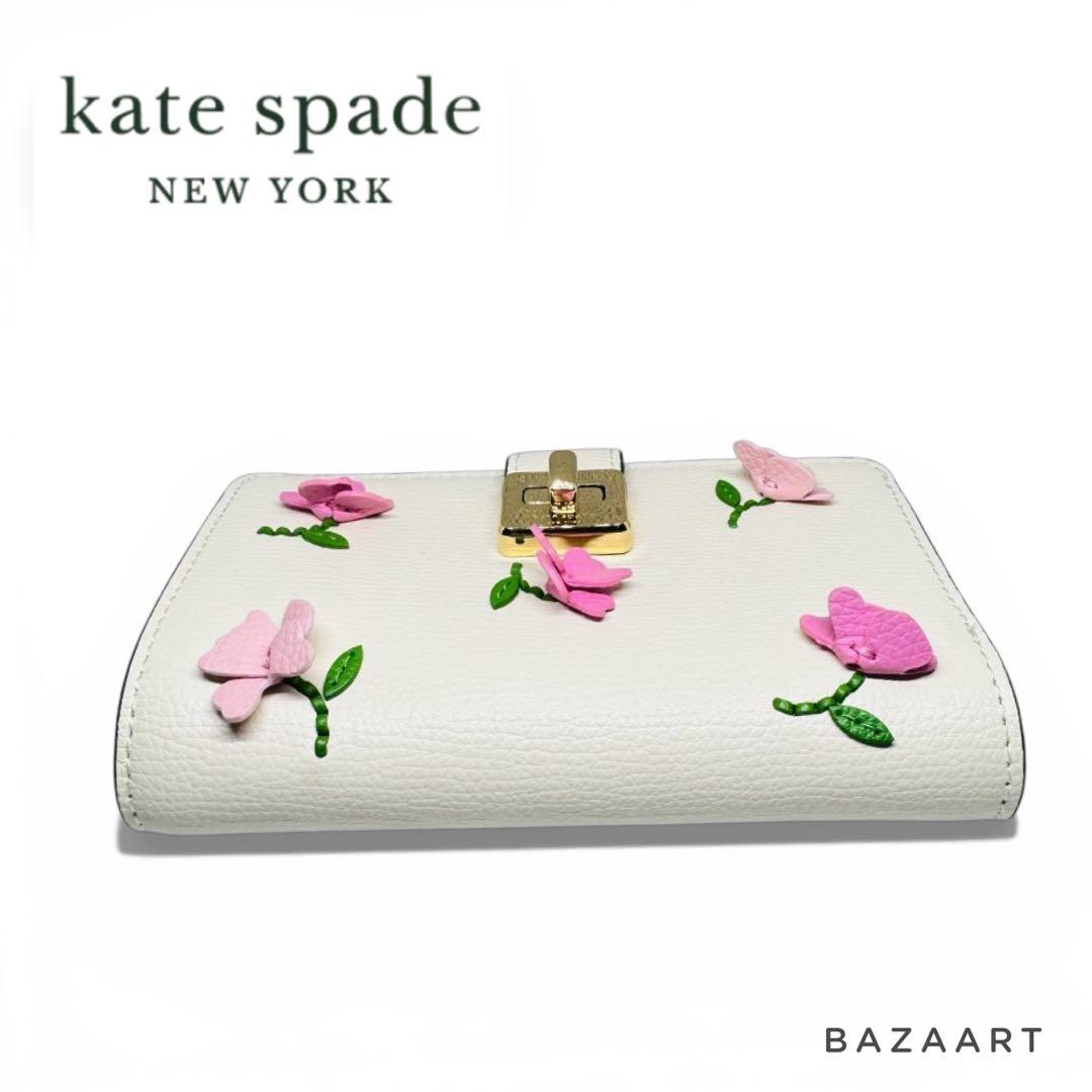 kate spade ケイトスペード 二つ折り財布 レザー フローラルアップリケ
