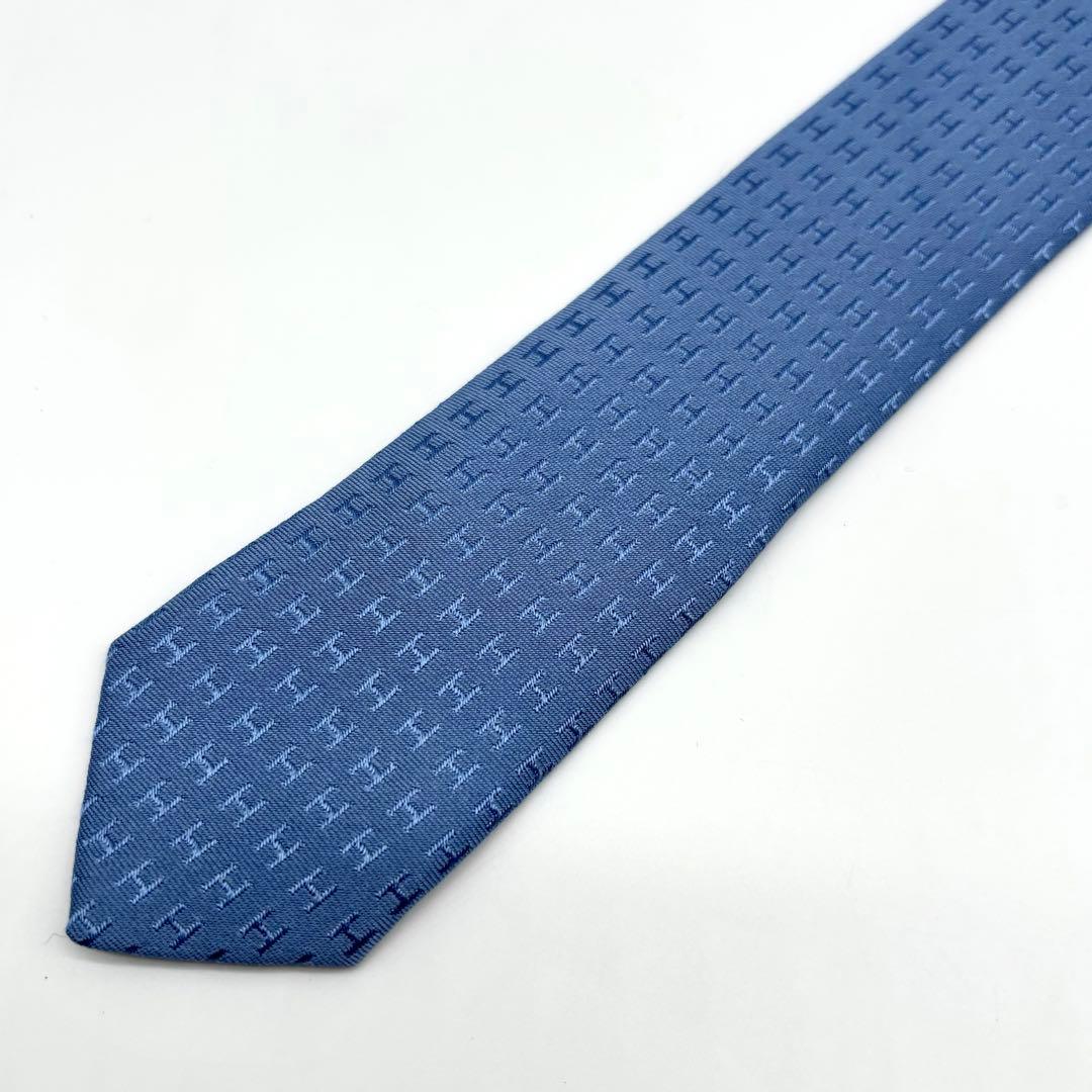 美品✨ HERMES ネクタイ ファソネ H柄 ジャガード 総柄 ブルー