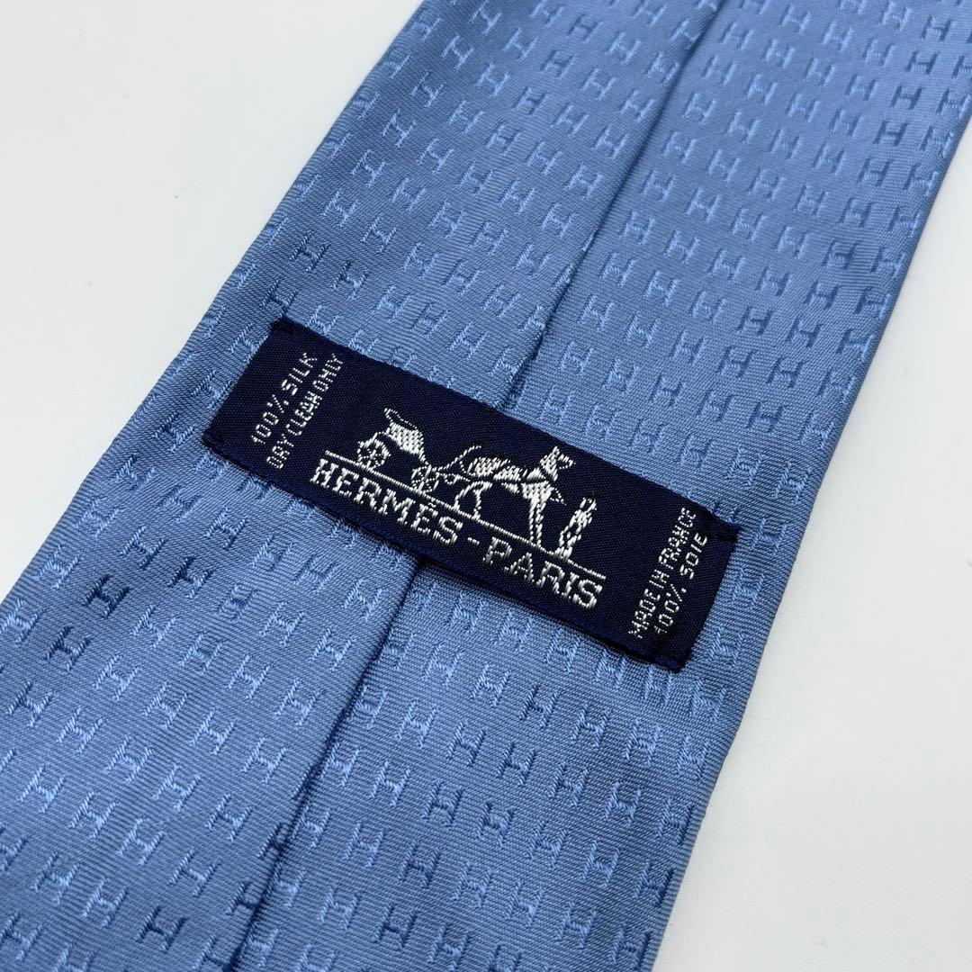 美品✨ HERMES ネクタイ ファソネ H柄 ジャガード 総柄 ブルー