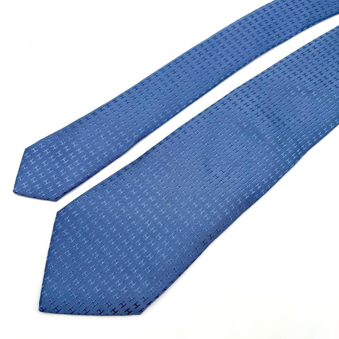 美品✨ HERMES ネクタイ ファソネ H柄 ジャガード 総柄 ブルー