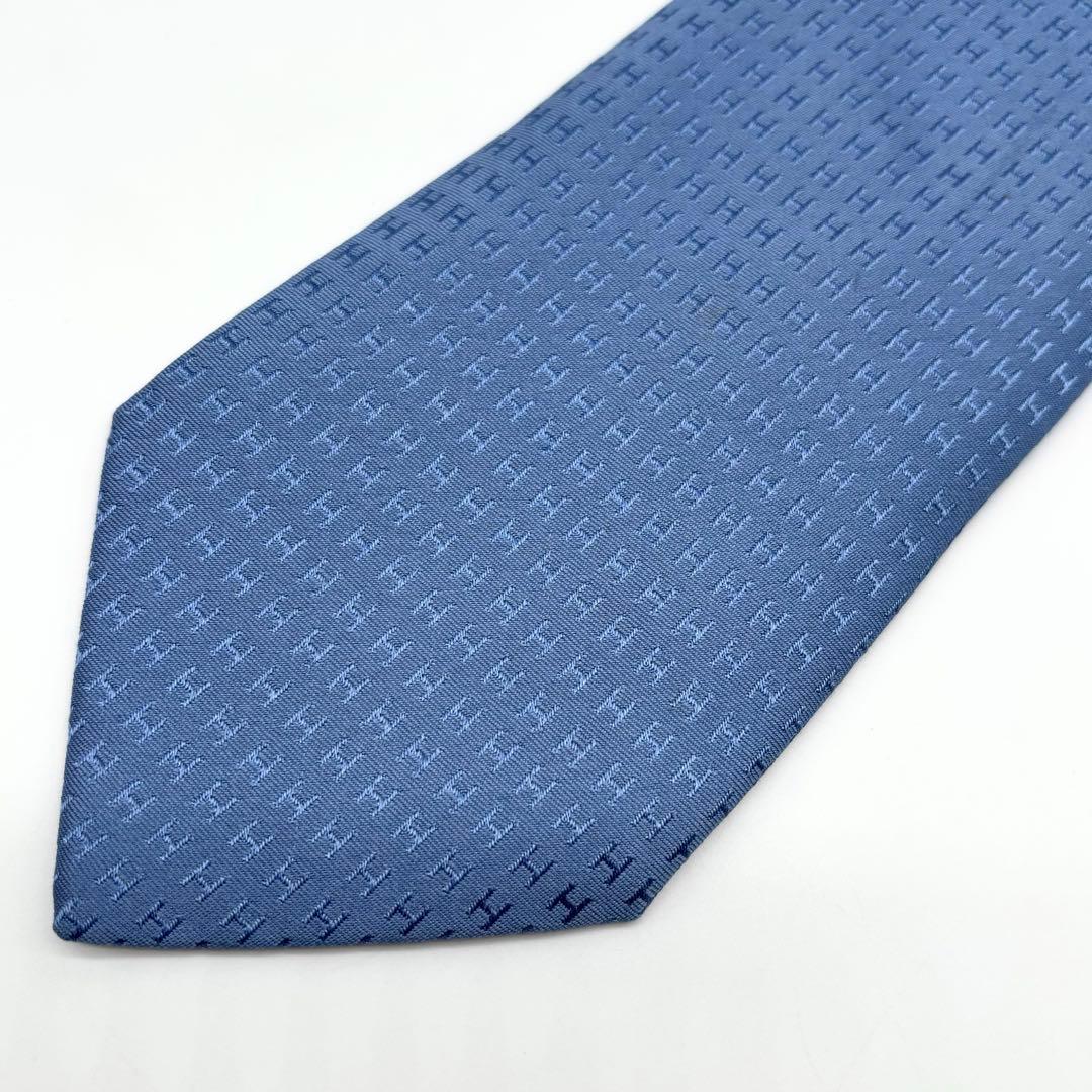 美品✨ HERMES ネクタイ ファソネ H柄 ジャガード 総柄 ブルー