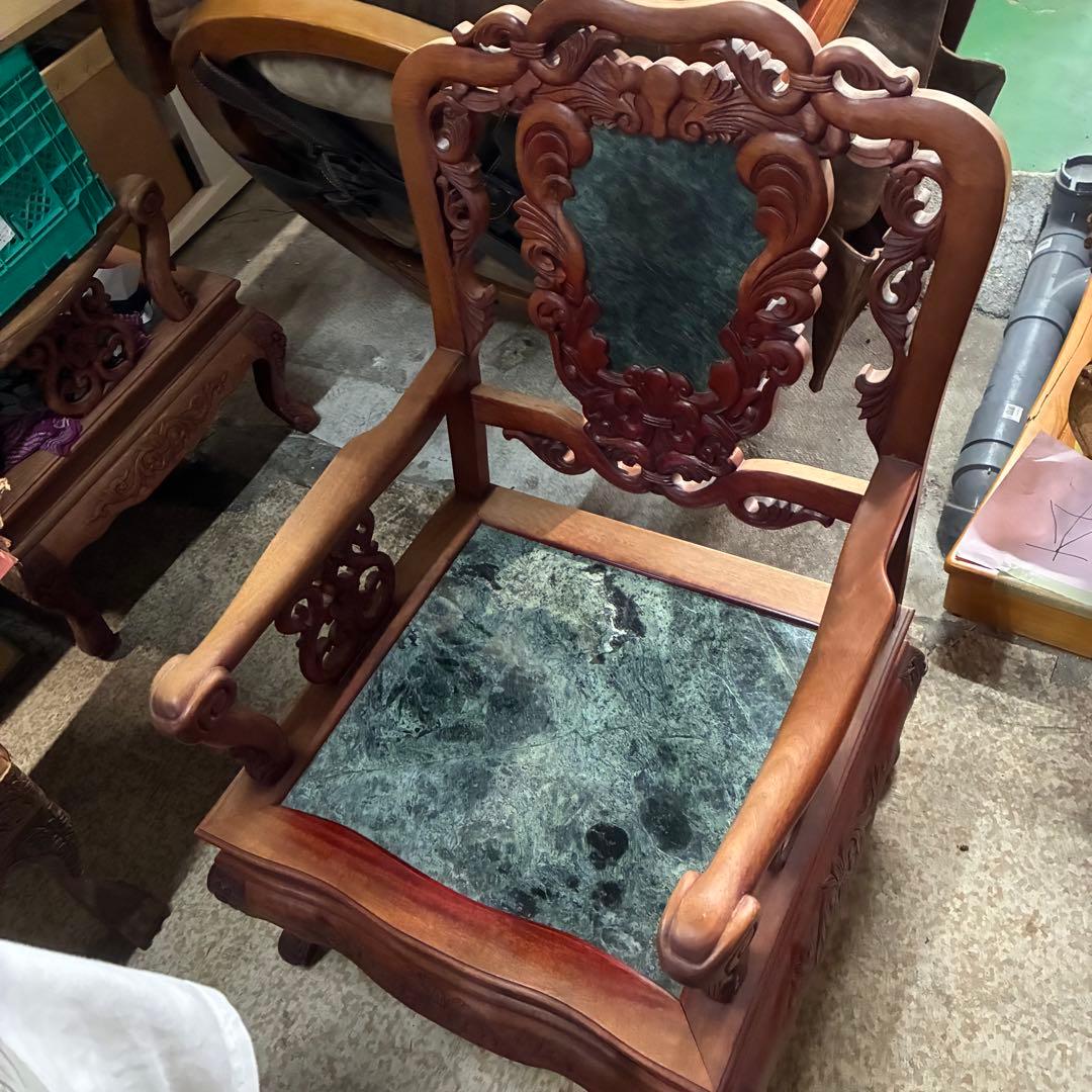 ③ 大理石椅子 手彫り 当時物家具 座緑 中国家具 アンティーク