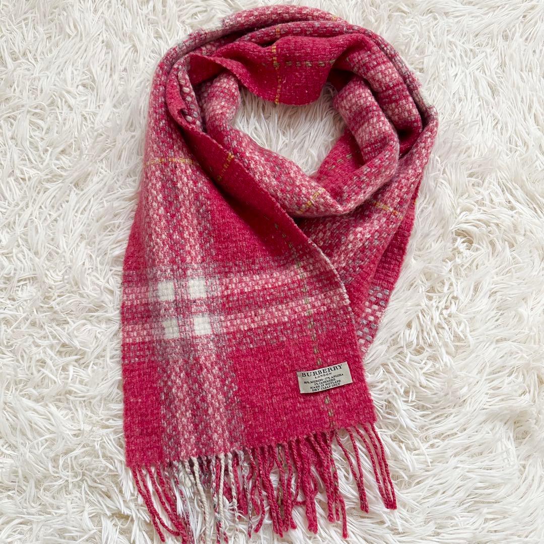 美品✨バーバリー カシミヤ アンゴラ混 メガチェック マフラー ピンク
