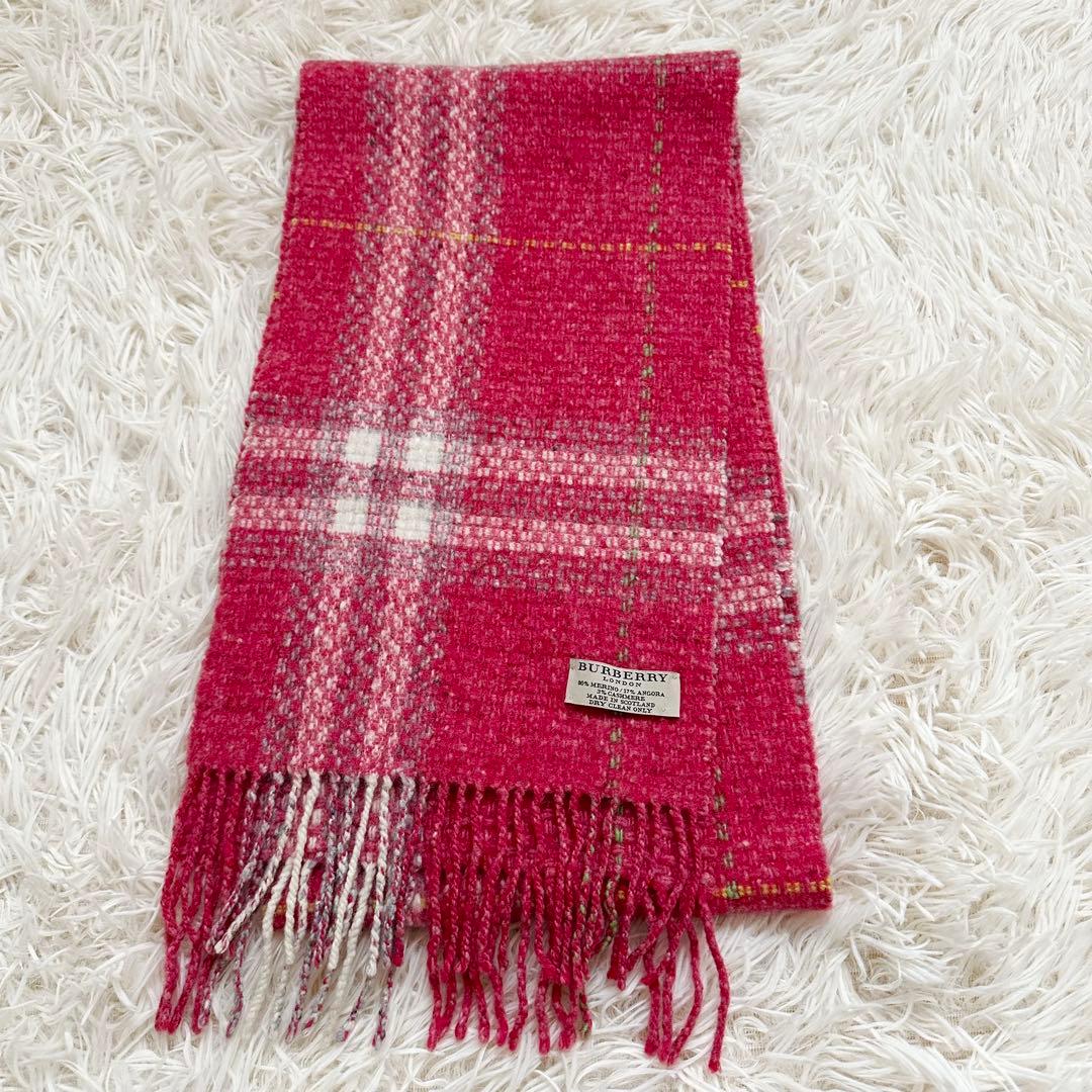 美品✨バーバリー カシミヤ アンゴラ混 メガチェック マフラー ピンク