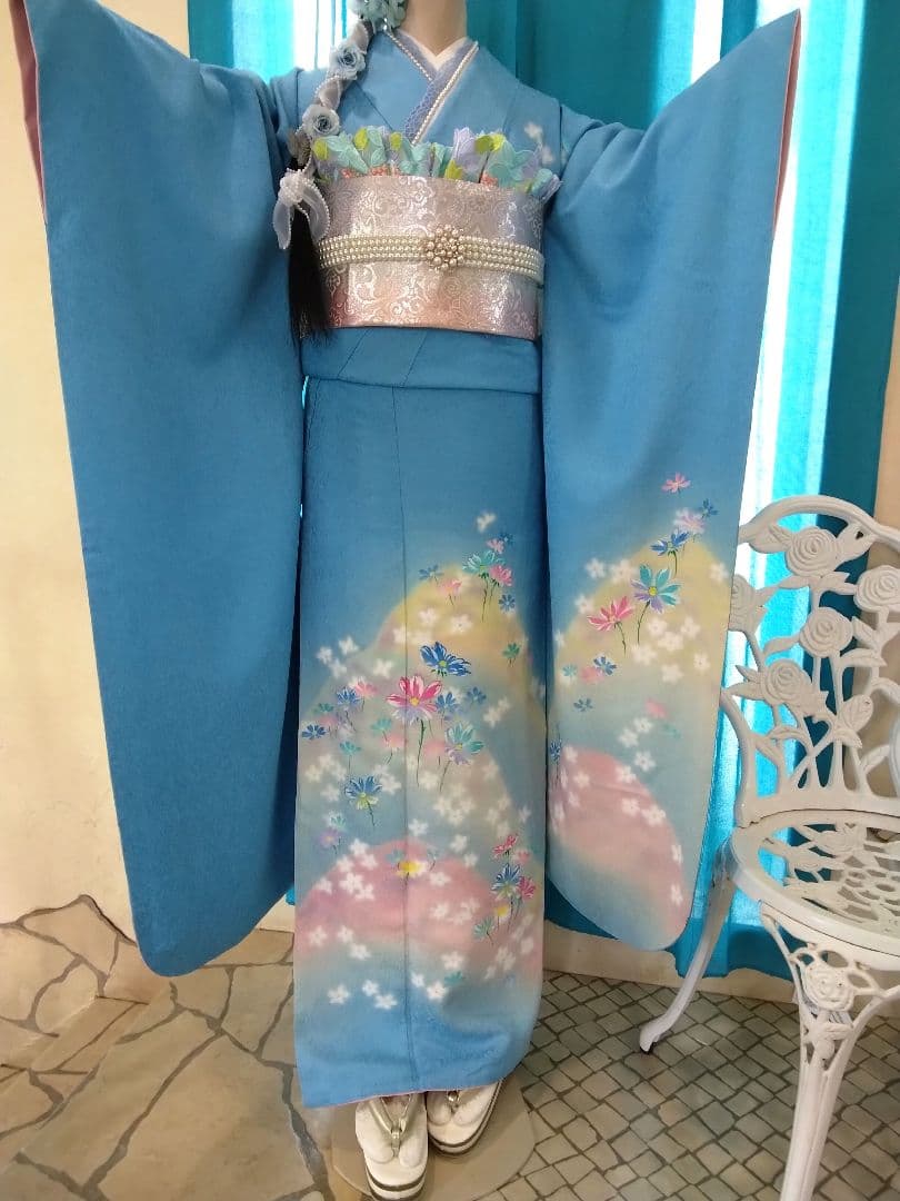 振袖フルセット、正絹振袖成人式、重ね衿帯揚げ帯締め、西陣袋帯長襦袢、ガード加工₠