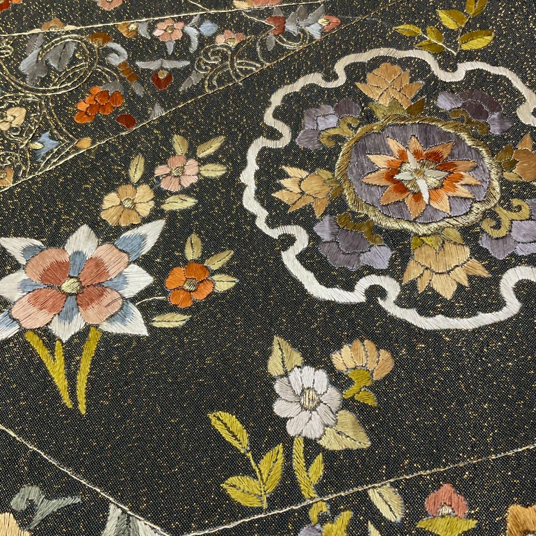 正絹 袋帯 刺繍 錆納戸色×金通し