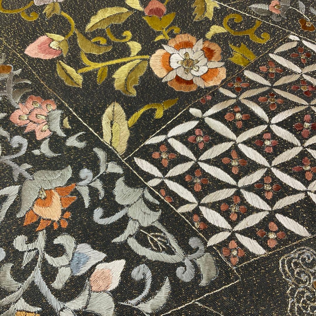 正絹 袋帯 刺繍 錆納戸色×金通し