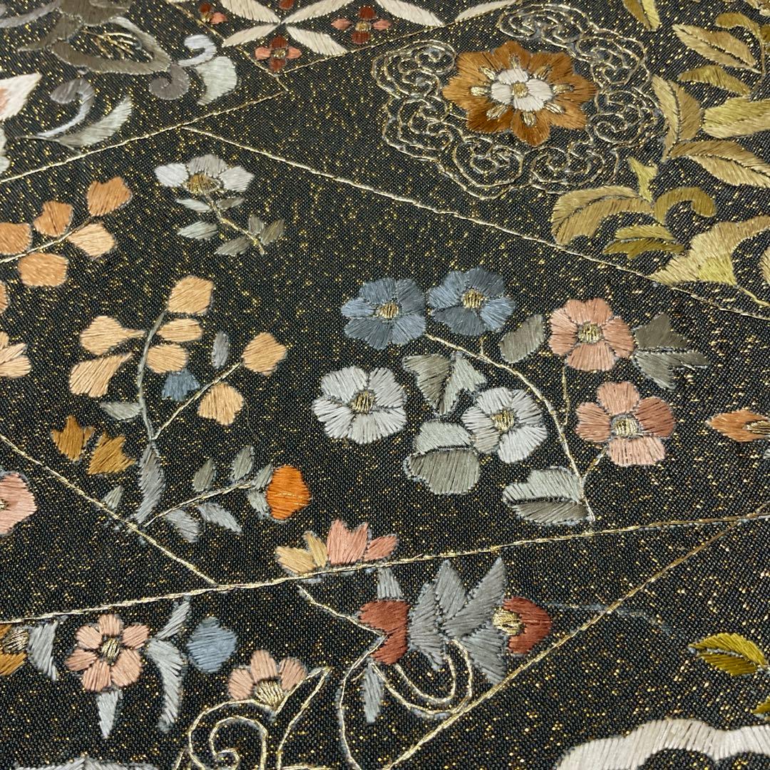 正絹 袋帯 刺繍 錆納戸色×金通し