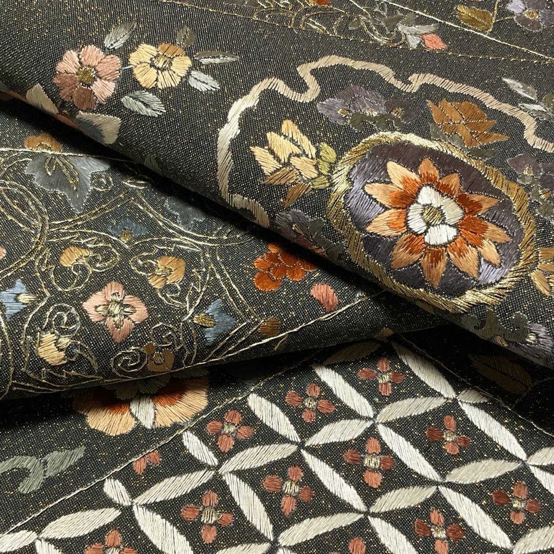 正絹 袋帯 刺繍 錆納戸色×金通し