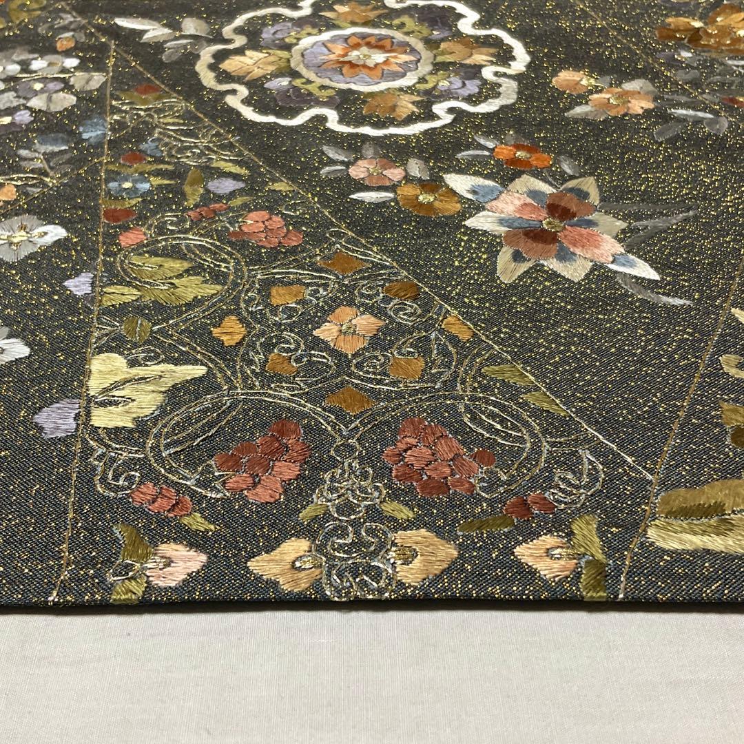 正絹 袋帯 刺繍 錆納戸色×金通し