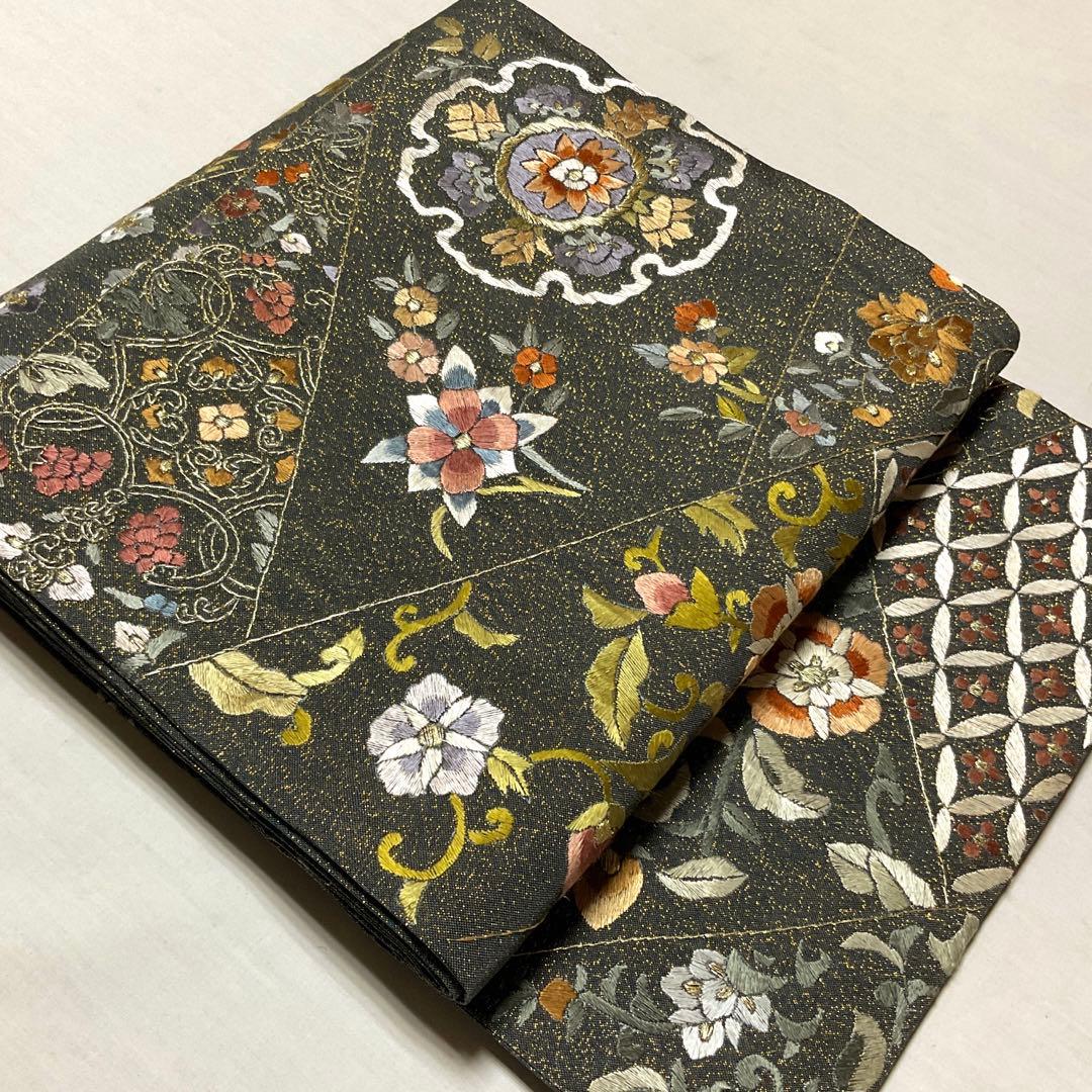 正絹 袋帯 刺繍 錆納戸色×金通し