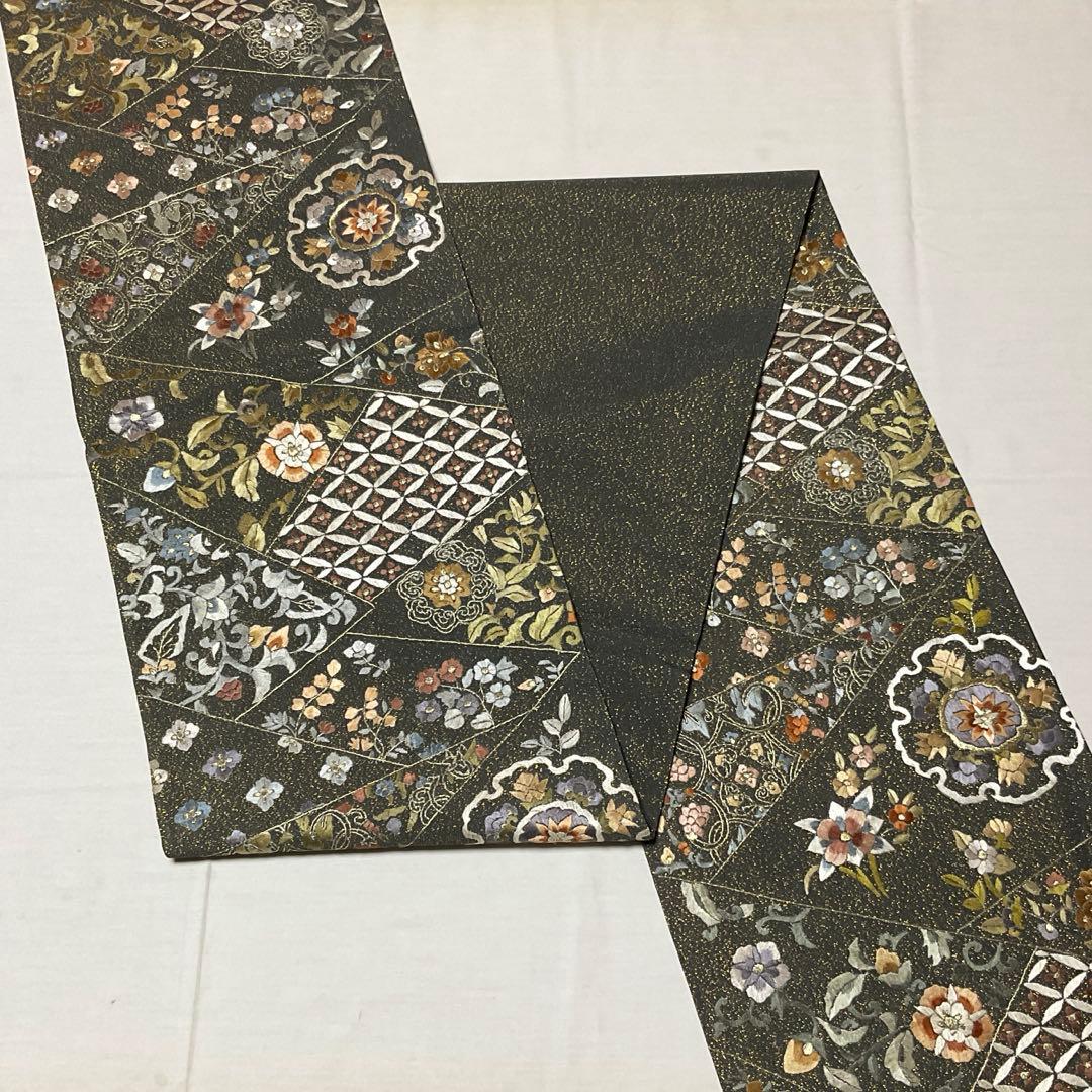 正絹 袋帯 刺繍 錆納戸色×金通し