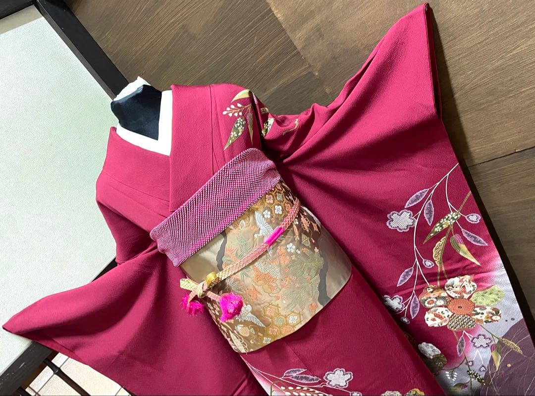 振袖 フルセット6点サイズM〜Ｌ刺繍　吉祥花蝶文　暈し染め　金糸　金彩　正絹