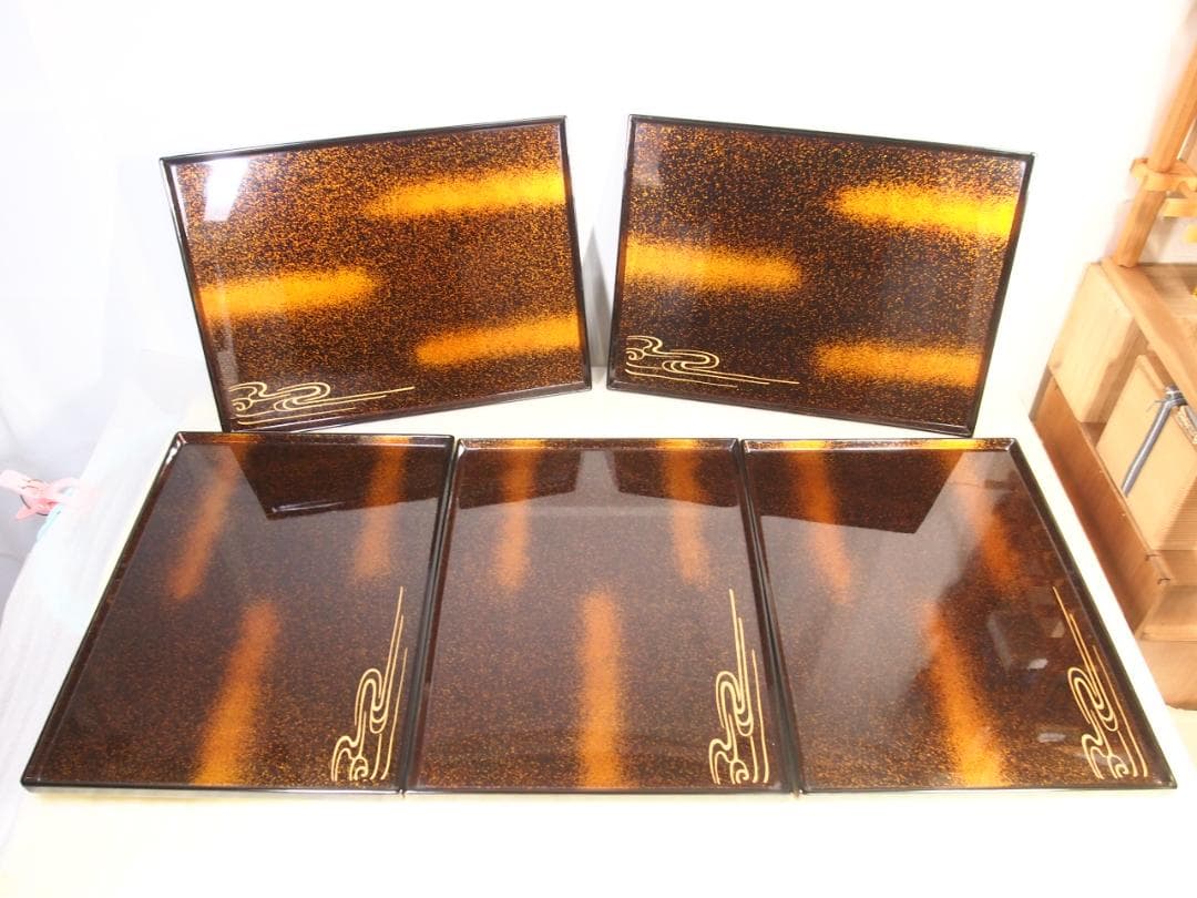 【良品】輪島塗 長手脇引膳 5客 梨地霞/波蒔絵 卓上膳/懐石膳/会席膳 漆器