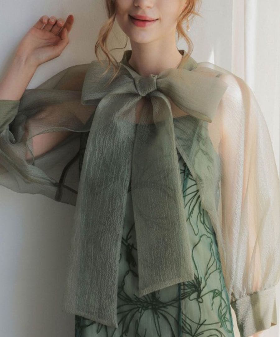 シアーボウタイブラウス&花柄ワンピースセット グリーン Sサイズ