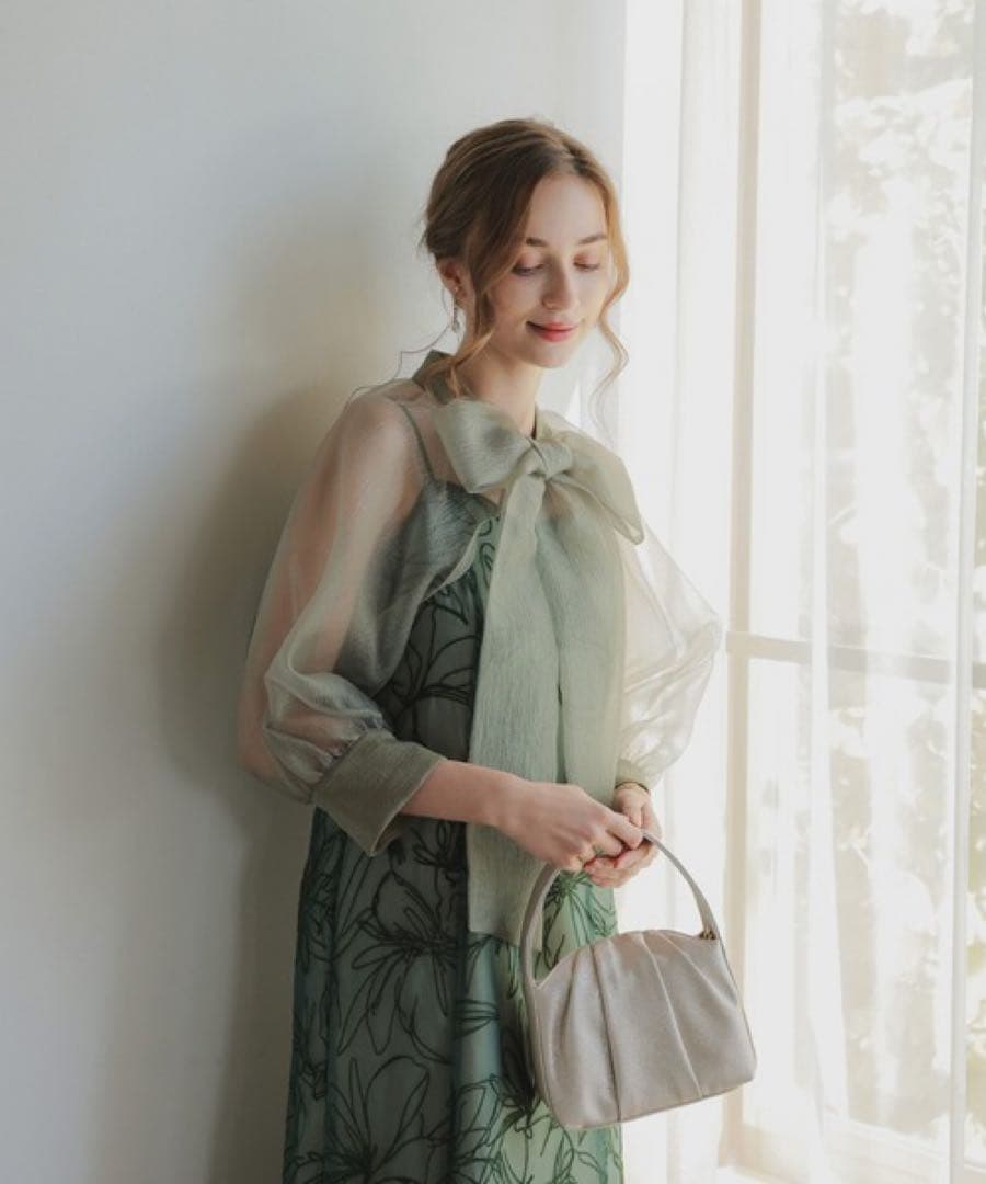 シアーボウタイブラウス&花柄ワンピースセット グリーン Sサイズ