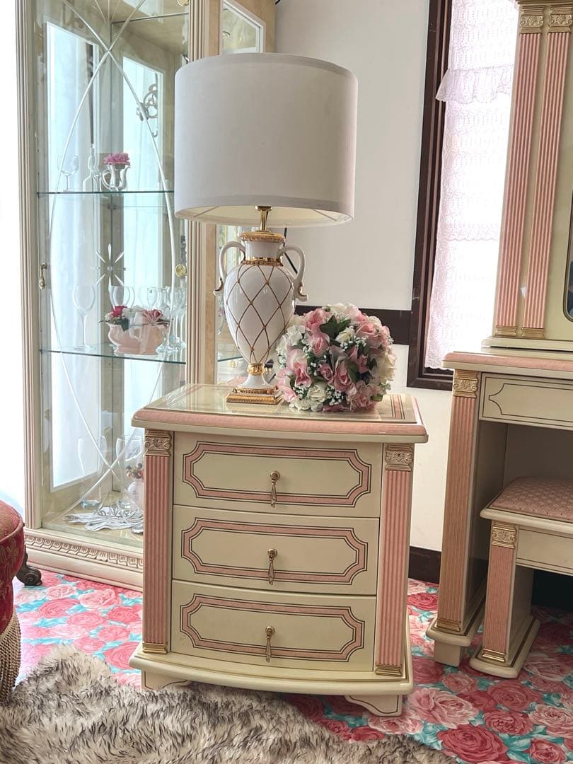 k414r120 イタリア製 ロココ調サイドチェスト 3段 白家具 姫系 ピンク