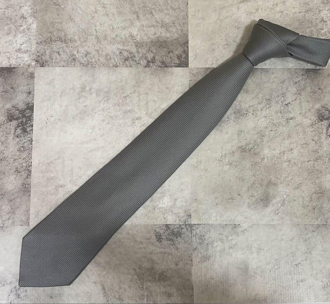 HERMES ネクタイ ハイブランド ソリッド グレー ジャガード 肉厚