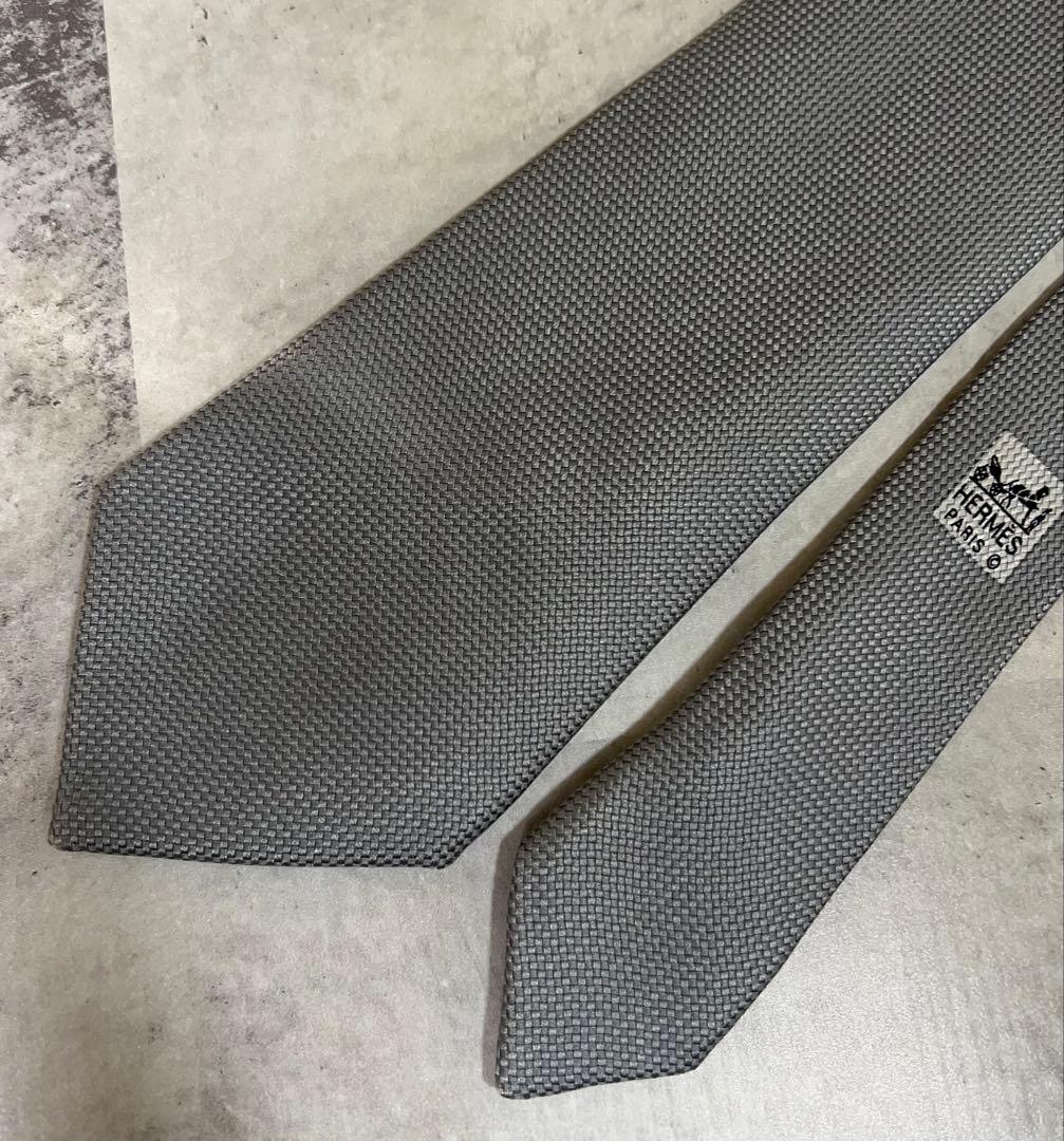 HERMES ネクタイ ハイブランド ソリッド グレー ジャガード 肉厚