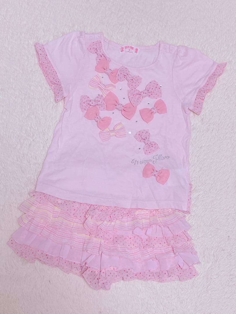美品メゾピアノ100リボンセットアップピンクTシャツ&フリルスカパンツ2点セット