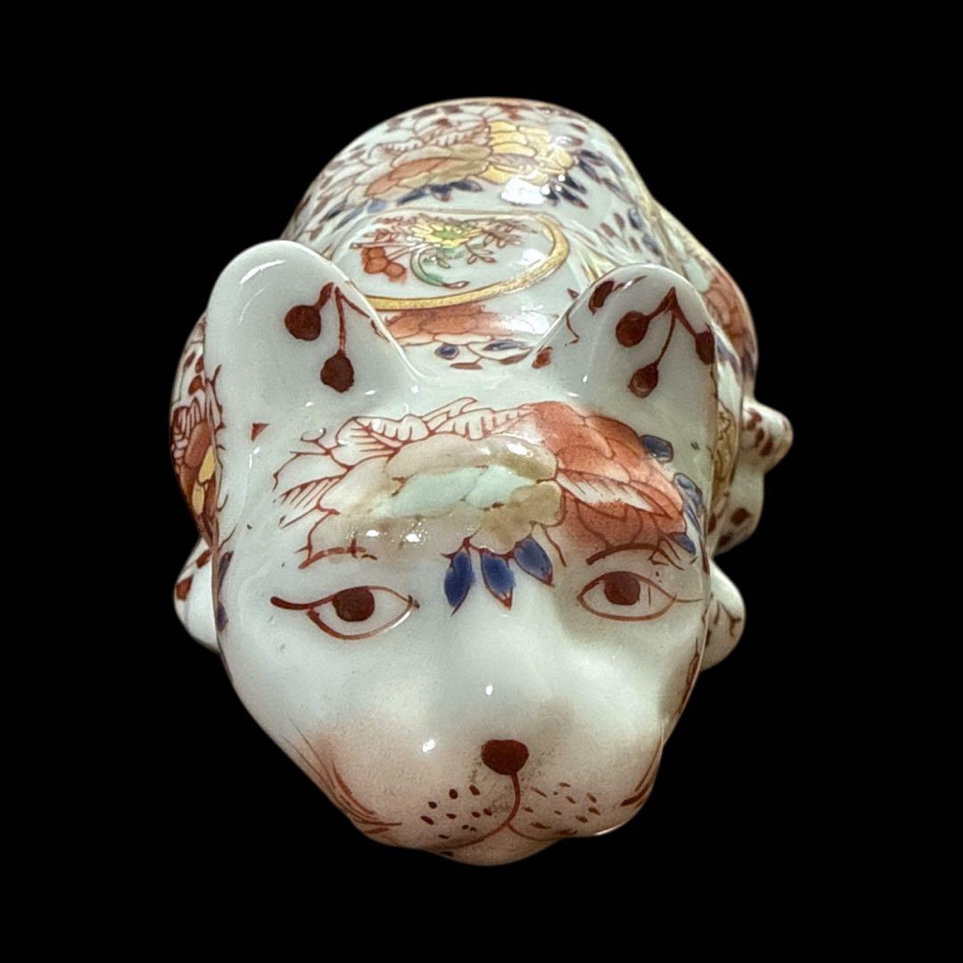 猫陶器色絵花文古玩 骨董置物 インテリア 陶器製 猫の置物 花模様