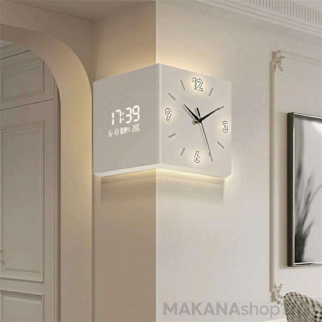 両面時計　角時計　デジタル時計　壁掛け　温度/湿度表示搭載　ベージュ　30cm