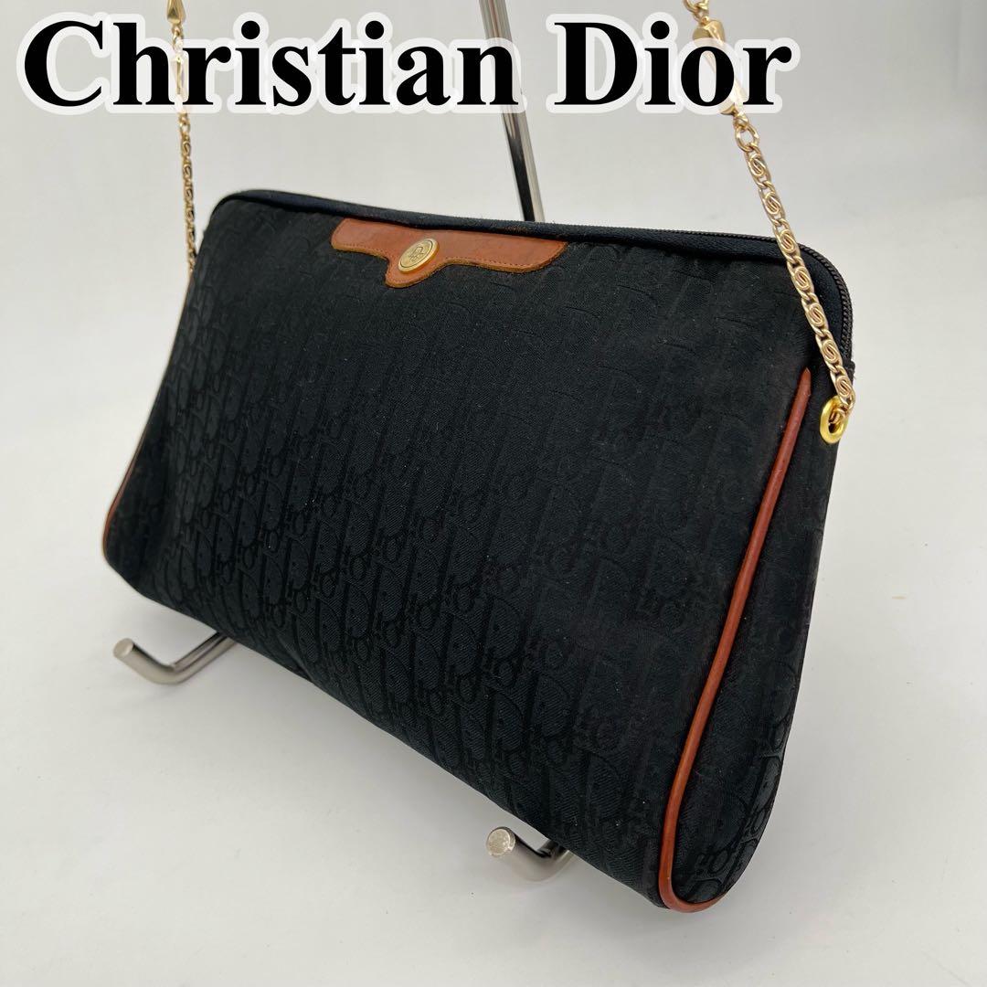 クリスチャンディオール ショルダーバッグ 肩掛け トロッター柄 ロゴ金具 黒