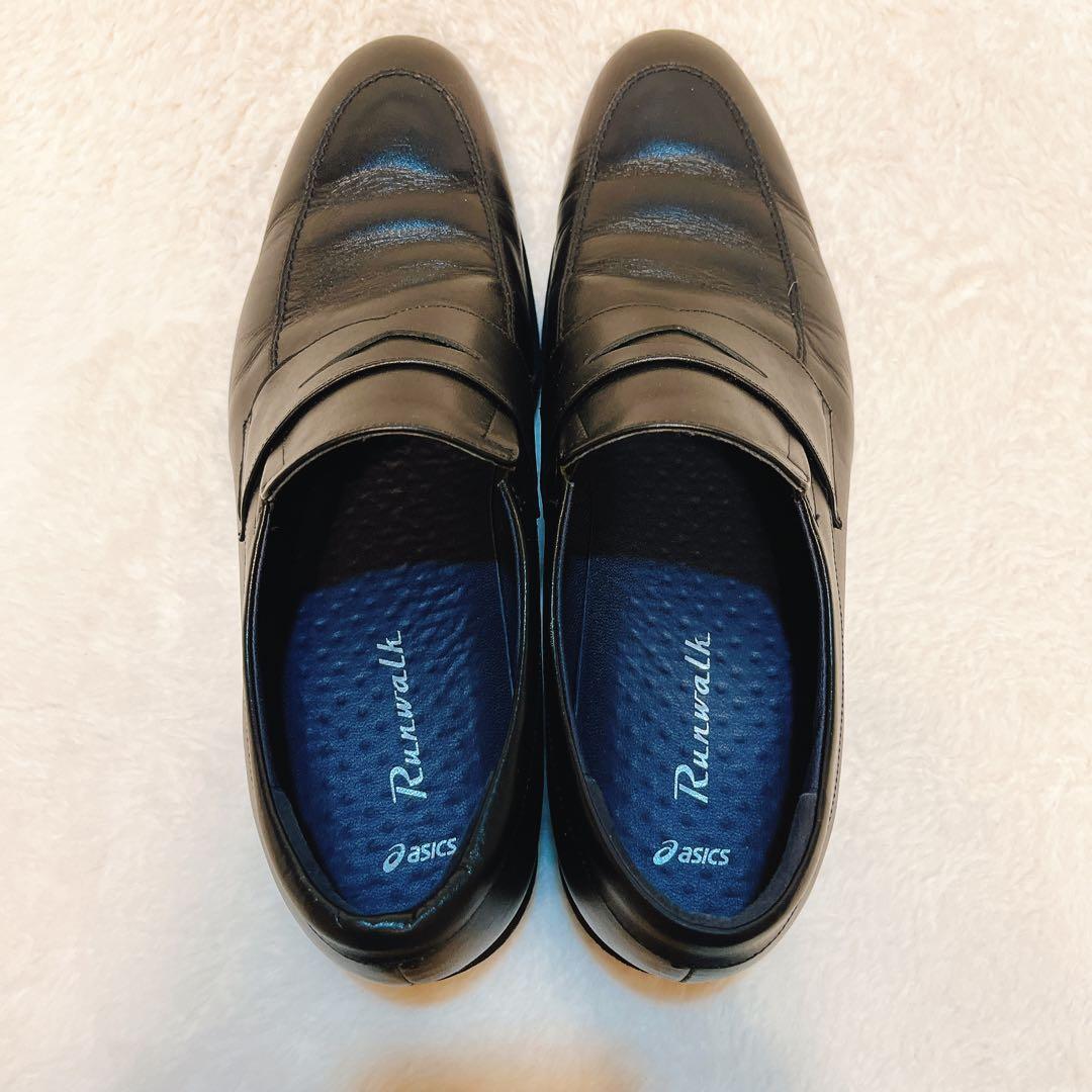 アシックス ランウォーク ビジネスシューズ 黒 本革 ローファー 通勤通学