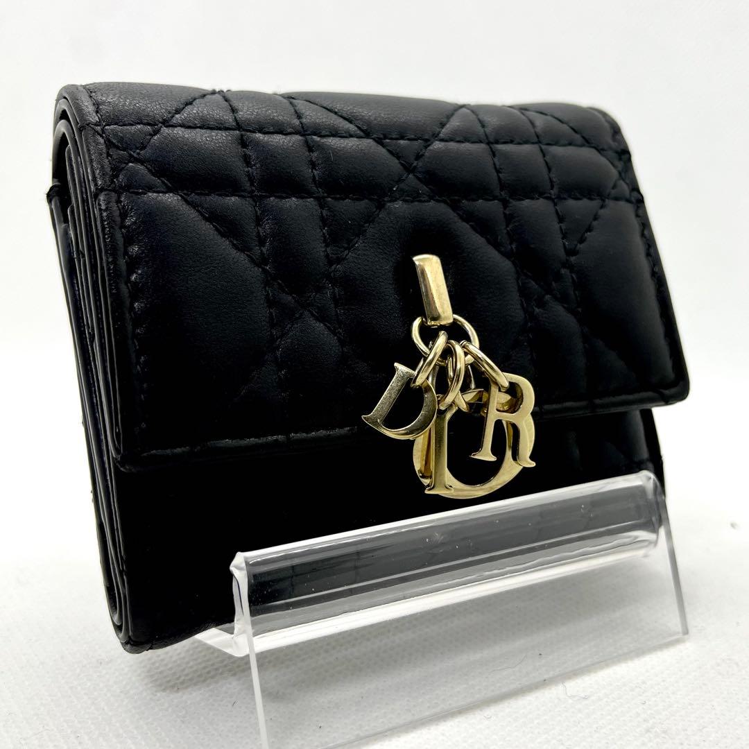 使用感少/現行✨ディオール 三つ折り財布 カナージュ グリシーヌ ロゴ ブラック