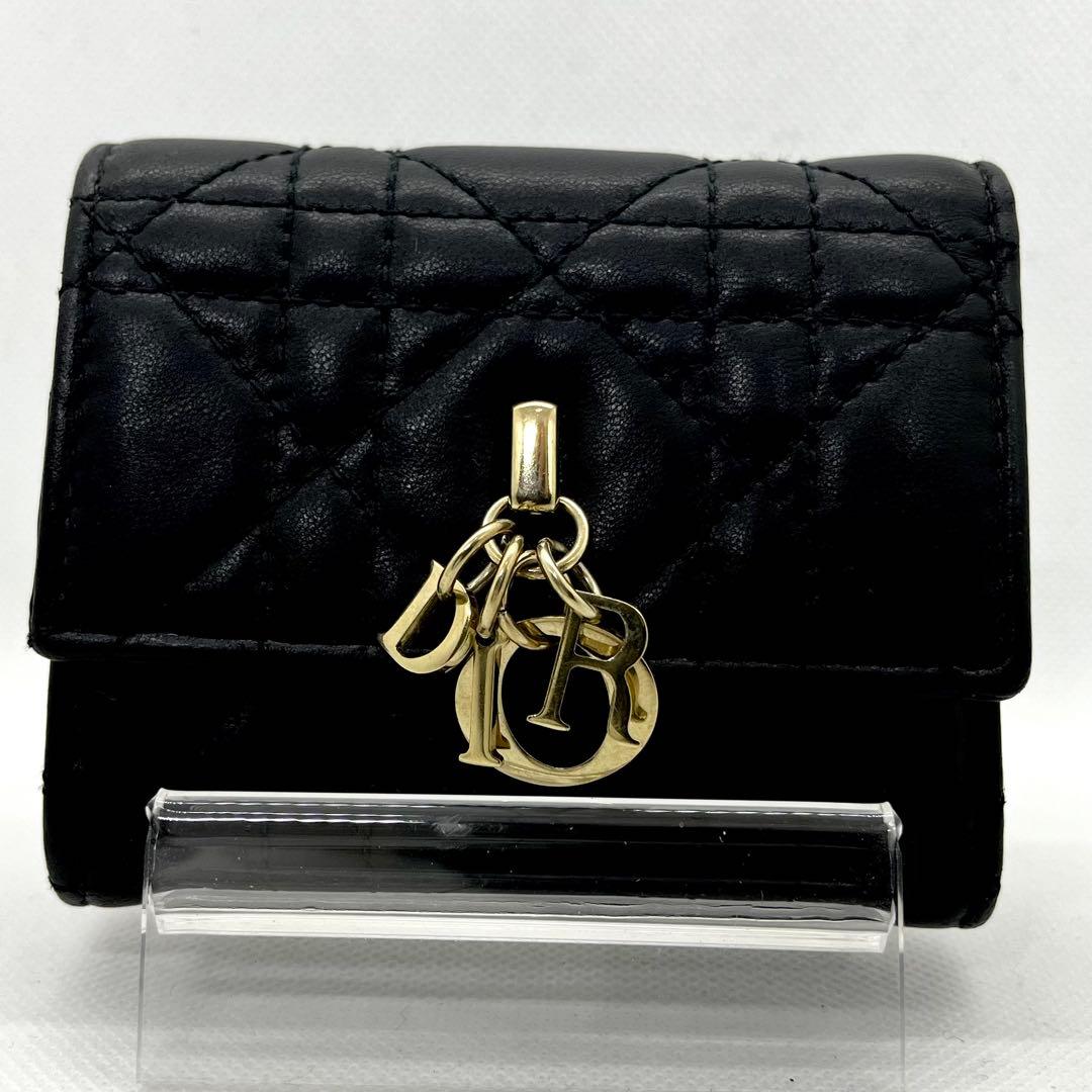 使用感少/現行✨ディオール 三つ折り財布 カナージュ グリシーヌ ロゴ ブラック