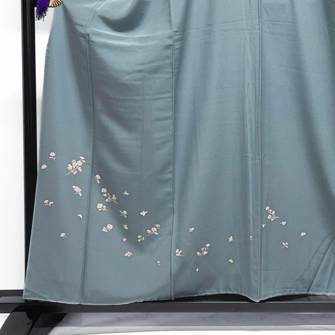 作家もの　付け下げ　菊　友禅　ブルー　着物　092w d