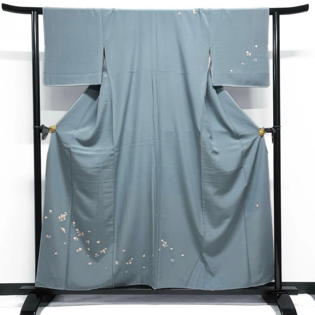 作家もの　付け下げ　菊　友禅　ブルー　着物　092w d