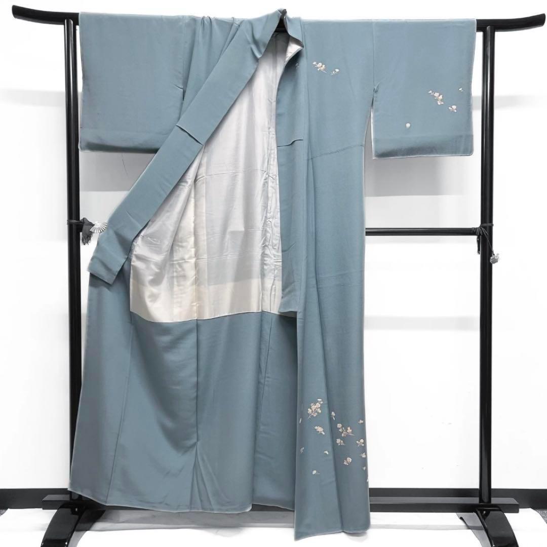 作家もの　付け下げ　菊　友禅　ブルー　着物　092w d