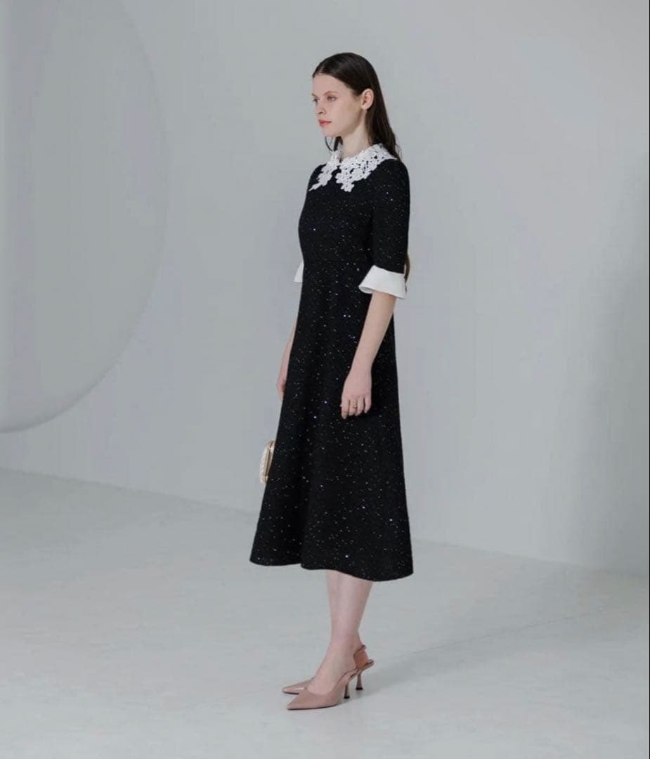 leja 花柄レースカラースパンコール刺繍Aラインフレアドレス ブラックM