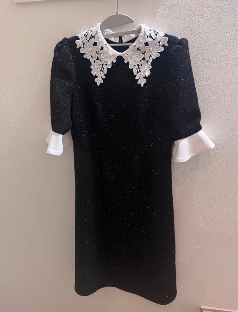 leja 花柄レースカラースパンコール刺繍Aラインフレアドレス ブラックM