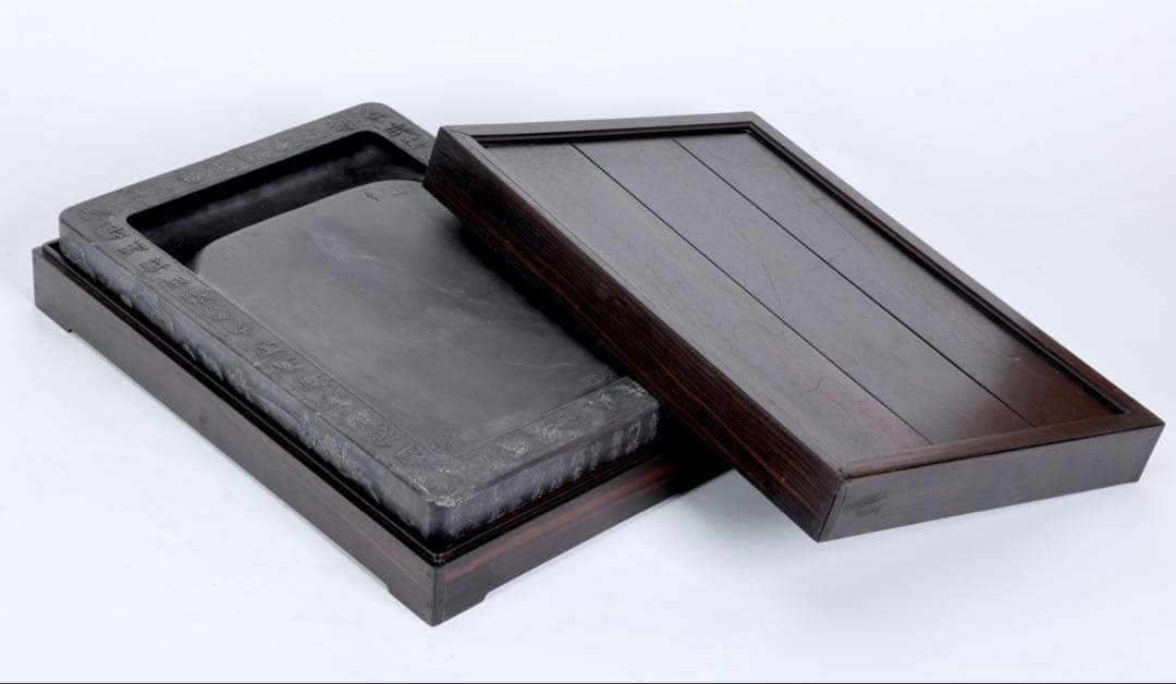 中国古玩 清乾隆帝御題詩刻 端渓石硯 12.5kg 唐木箱 書道具 古美術 骨董