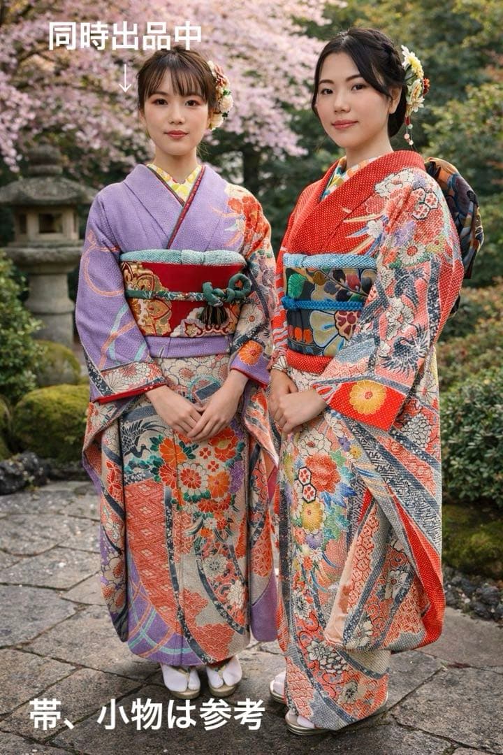 【逸品】藤娘きぬたや　総絞り　振袖　橙色　裄64 長襦袢　刺繍半襟(さんび)付き