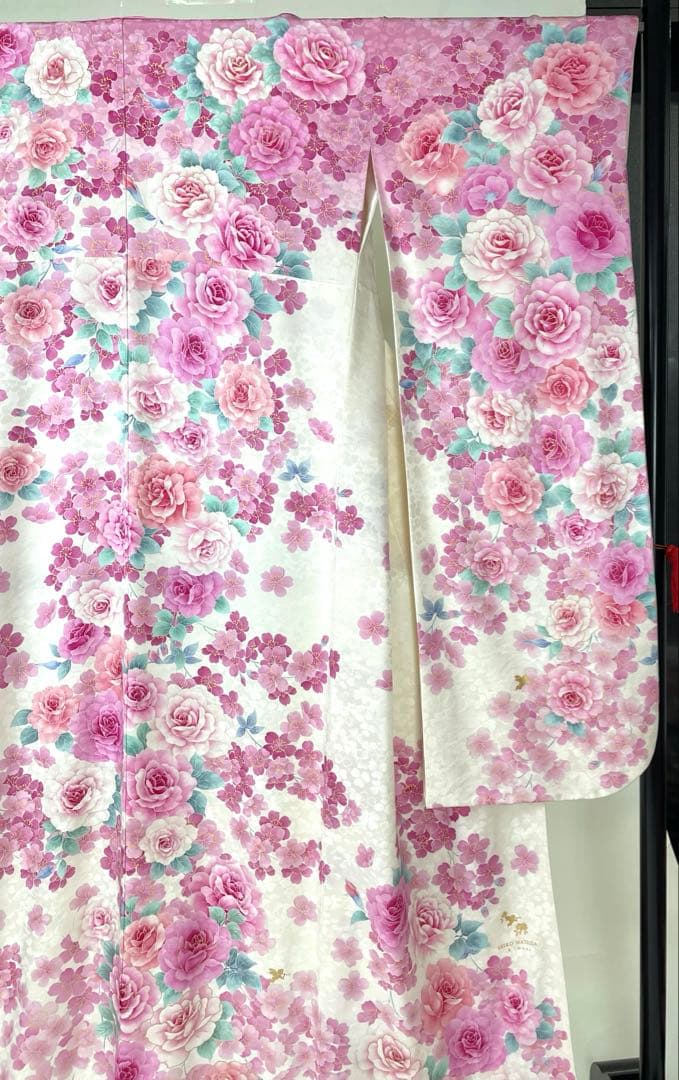 成人式振袖 正絹 松田聖子　白×ピンク　バラ柄