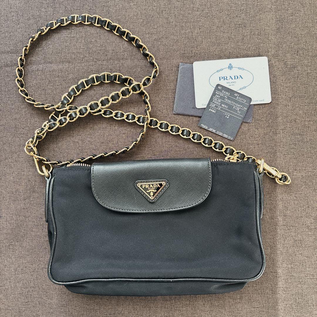 PRADA ブラック ナイロン ショルダーバッグ 牛革 サフィアーノ プラダ