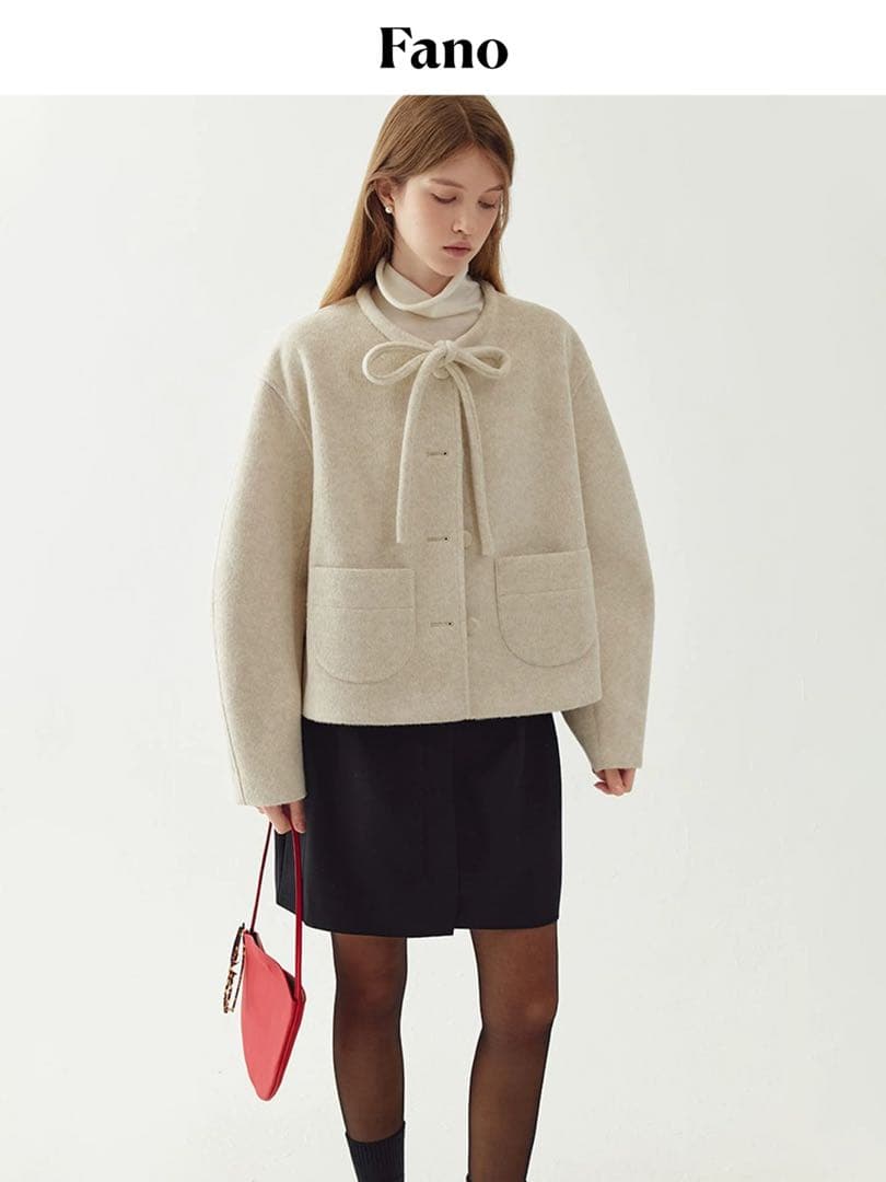 即購可Fanostudios リボンタイ ショートウールコート FQ24W101