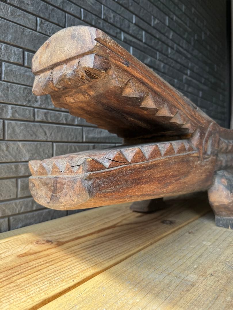 ワニ　置物　木製　ベンチ　鉢置　アジアン　アンティーク　オブジェ　木彫り