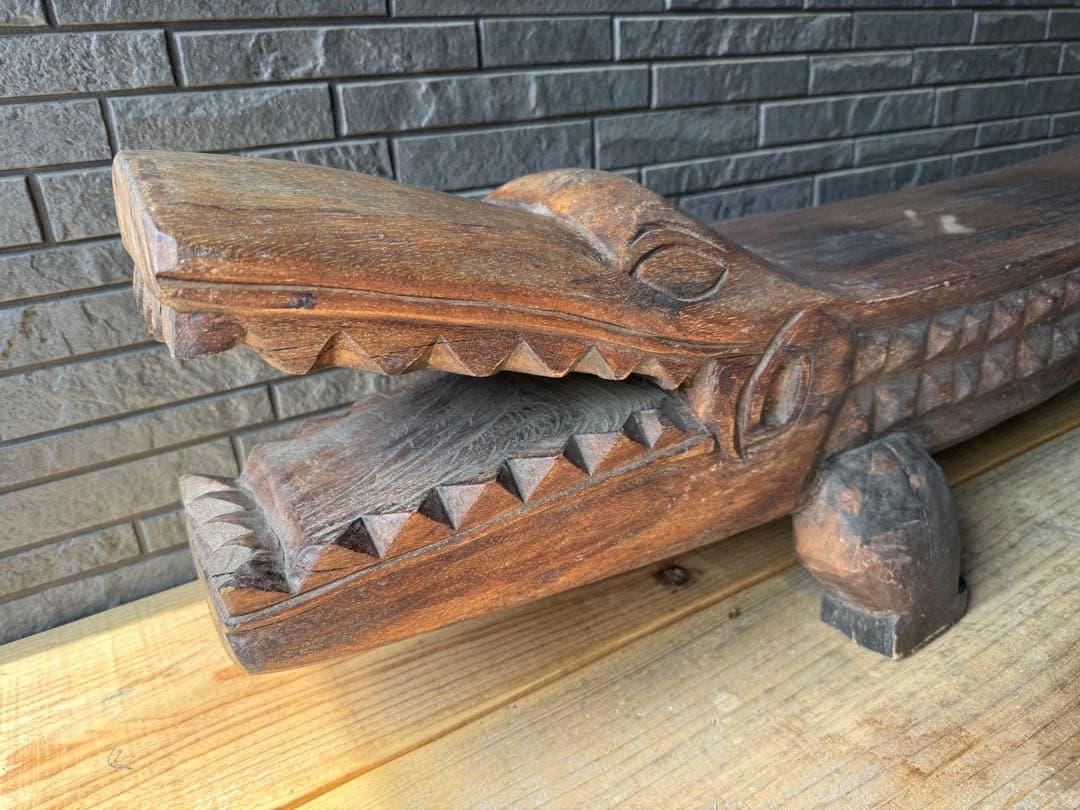 ワニ　置物　木製　ベンチ　鉢置　アジアン　アンティーク　オブジェ　木彫り
