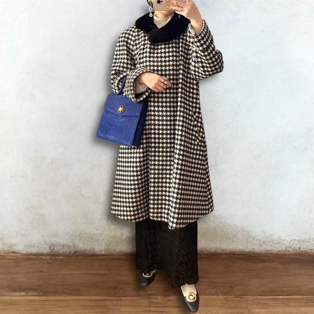 ヴィンテージ 千鳥格子カシゴラ混ウールコート ミンクファー Carat 希少