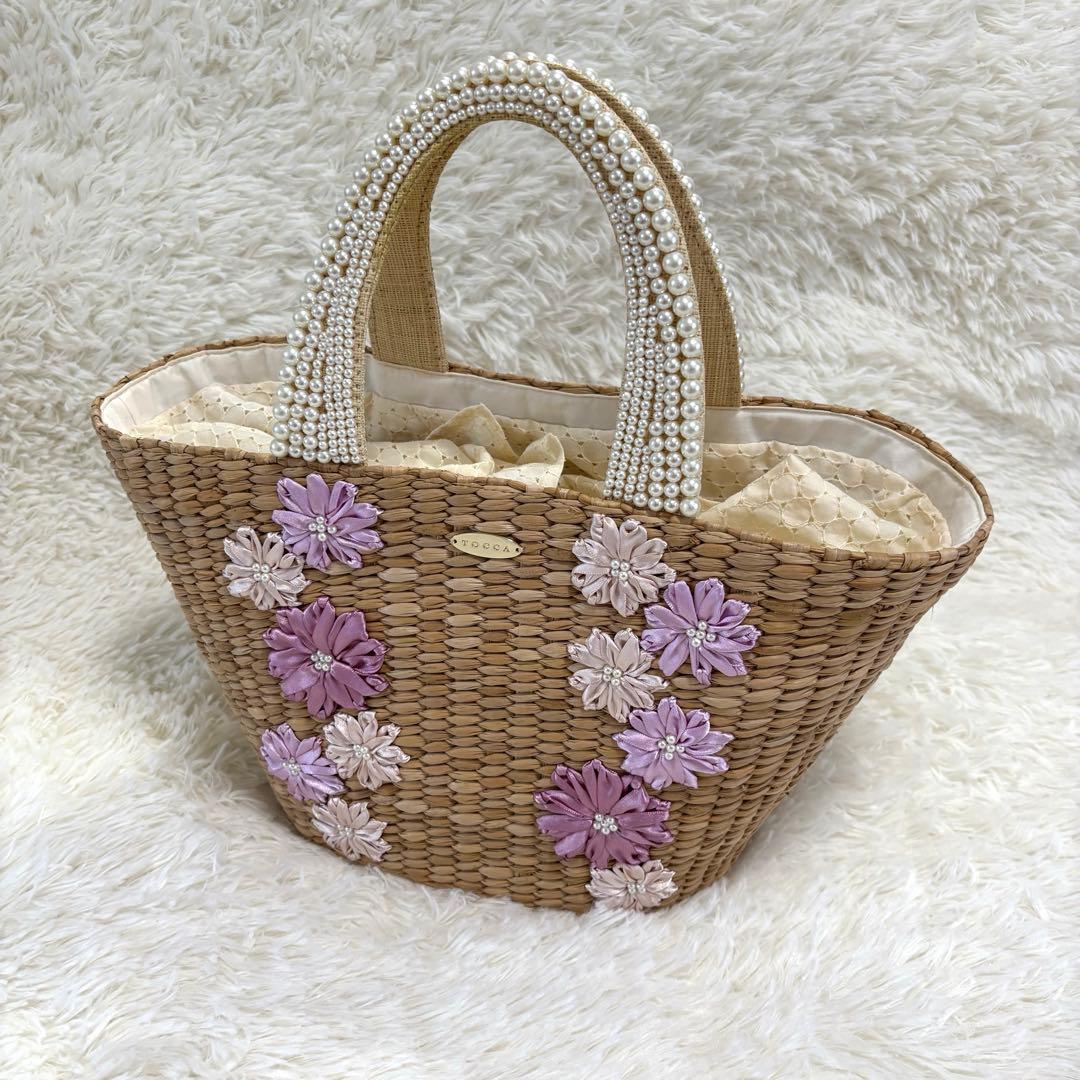 【極美品】TOCCA ✨かごバッグ　フラワー　パール　ハンドバッグ 花 ピンク