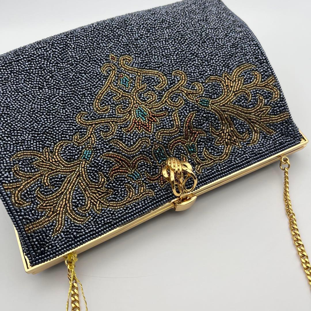 高級ビーズバッグ 新品未使用 がま口 チェーン ブラック系 刺繍 ビンテージ