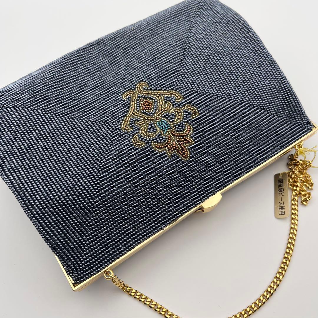 高級ビーズバッグ 新品未使用 がま口 チェーン ブラック系 刺繍 ビンテージ