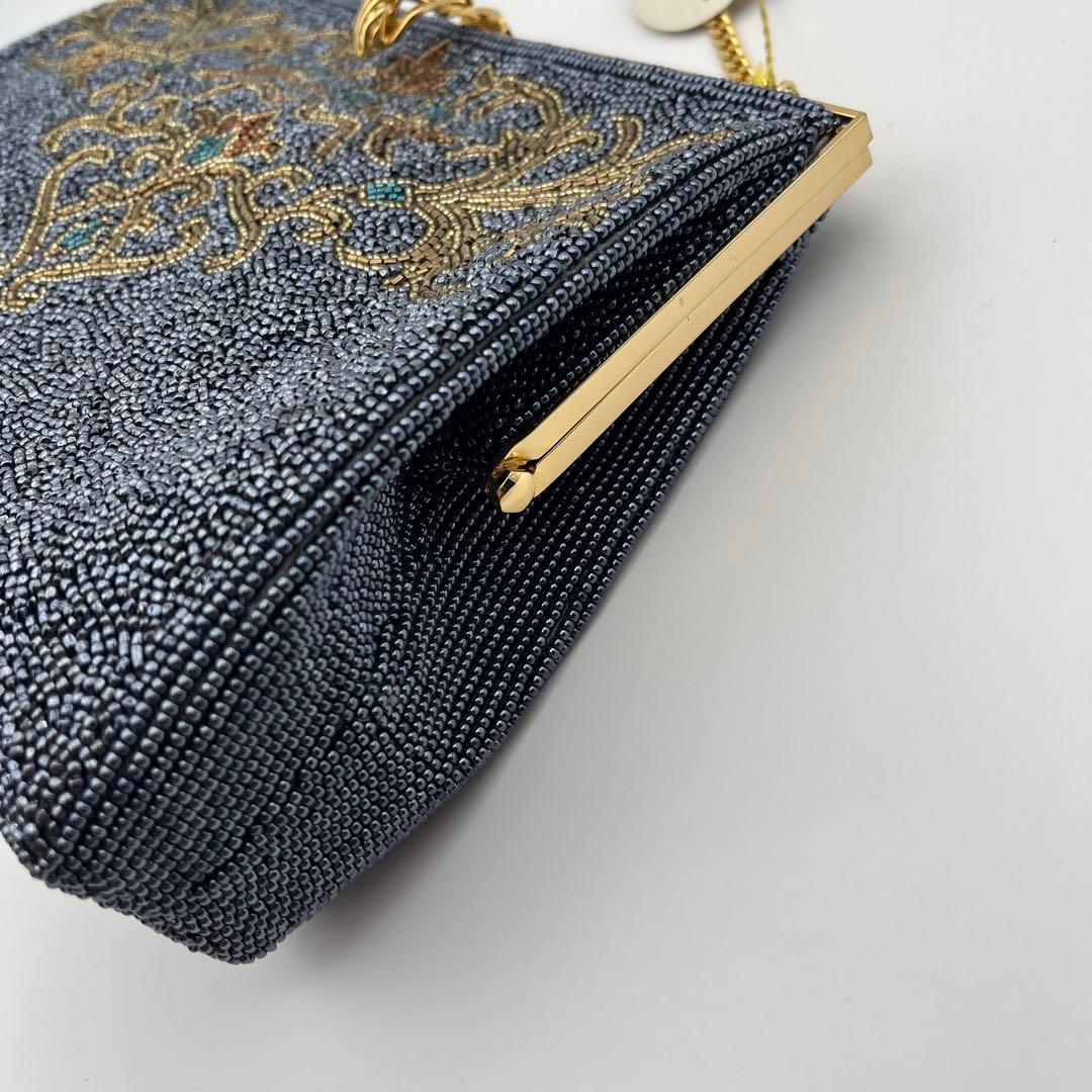 高級ビーズバッグ 新品未使用 がま口 チェーン ブラック系 刺繍 ビンテージ