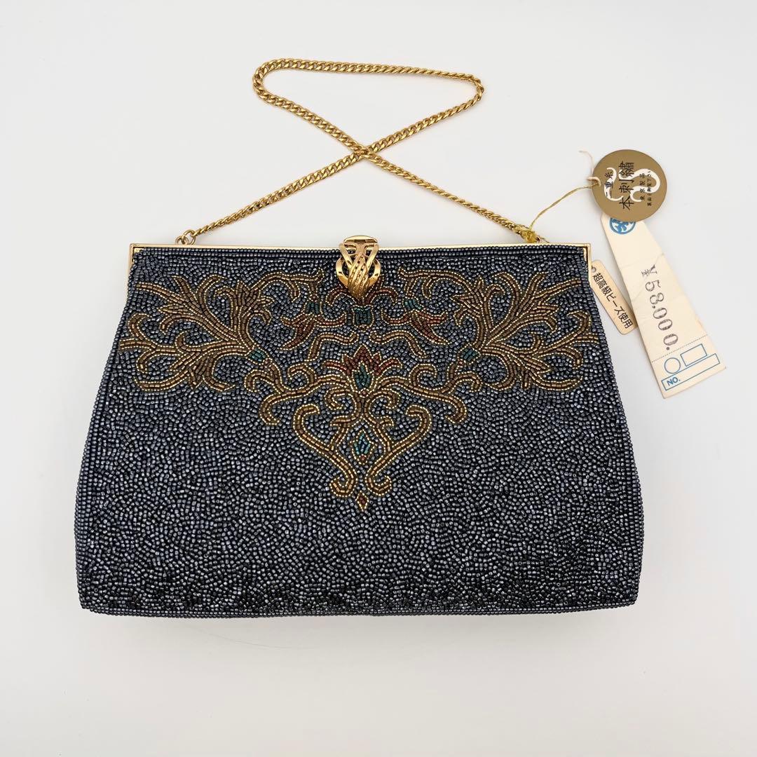 高級ビーズバッグ 新品未使用 がま口 チェーン ブラック系 刺繍 ビンテージ